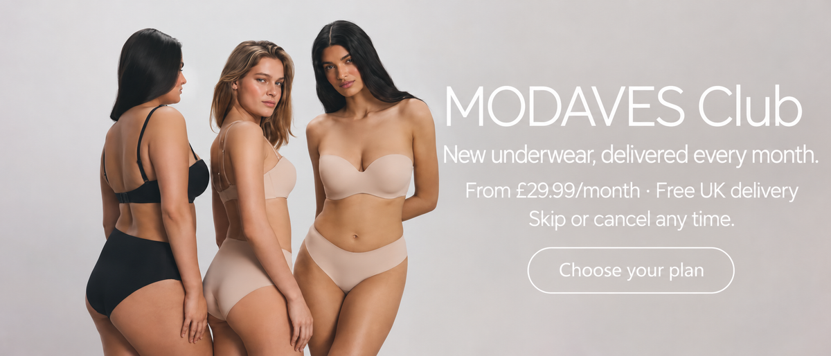 Three women wearing MODAVES bras and briefs in black, beige and nude